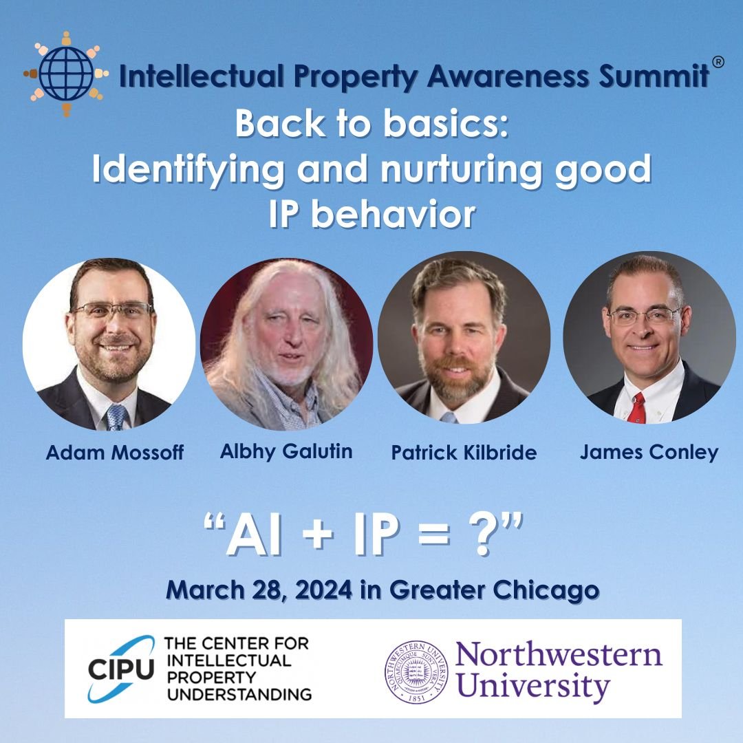 AdamMossoff's tweet photo. SAVE THE DATE for March 28: IP Awarness Summit of
@CenterforIP, "AI + IP = ?" at @NorthwesternU. Info &amp; Register: https://t.co/N2VzCYs9H5. I'm on panel w @pjkilbride, James Conley, Albhy Galutin. Other great speakers include @TiffanyNorwood, @lawlancer, @DanBrownUSA &amp; others. https://t.co/5ac8DysZ0D