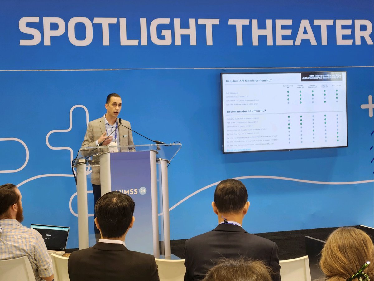 Our very own <a href="/djvreeman/">Daniel Vreeman</a> in the #HIMSS24 Spotlight Theater this morning discussing ONC's Integration of #HL7 #FHIR Standards in Regulation. See him again for Ask the Experts at 4:45pm today in the #Interoperability Showcase along with HL7 execs <a href="/CharlesJaffe/">Charles Jaffe</a> and <a href="/diegokaminker/">DIEGO KAMINKER</a>!
