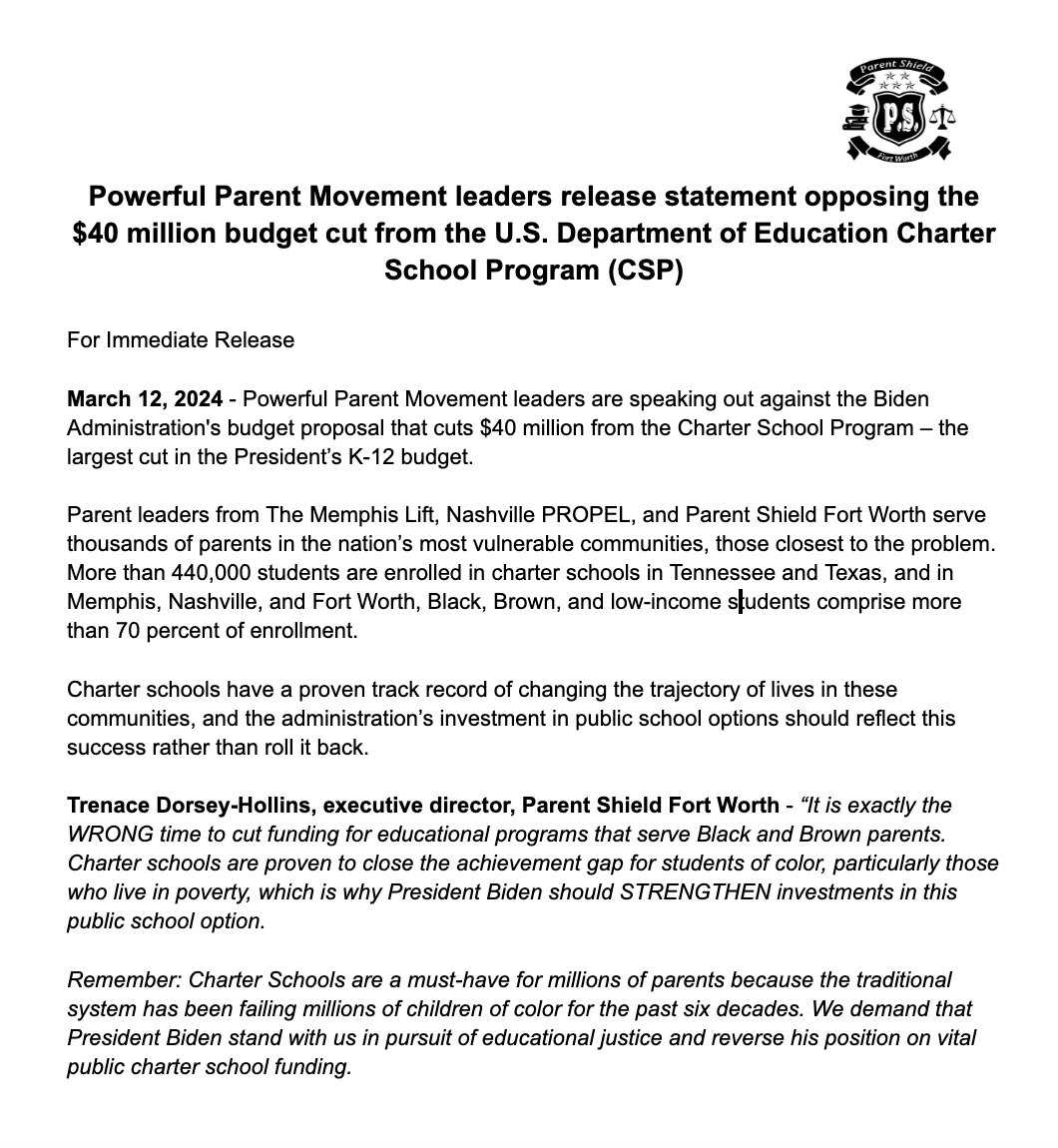 Parent_Shield's tweet photo. "Charter Schools are a must-have for millions of parents because the traditional system has been failing millions of children of color... We demand @POTUS stand with us in pursuit of educational justice &amp; reverse this position on vital public charter school funding.@TrenaceDorsey https://t.co/8ZQUNgl9vL