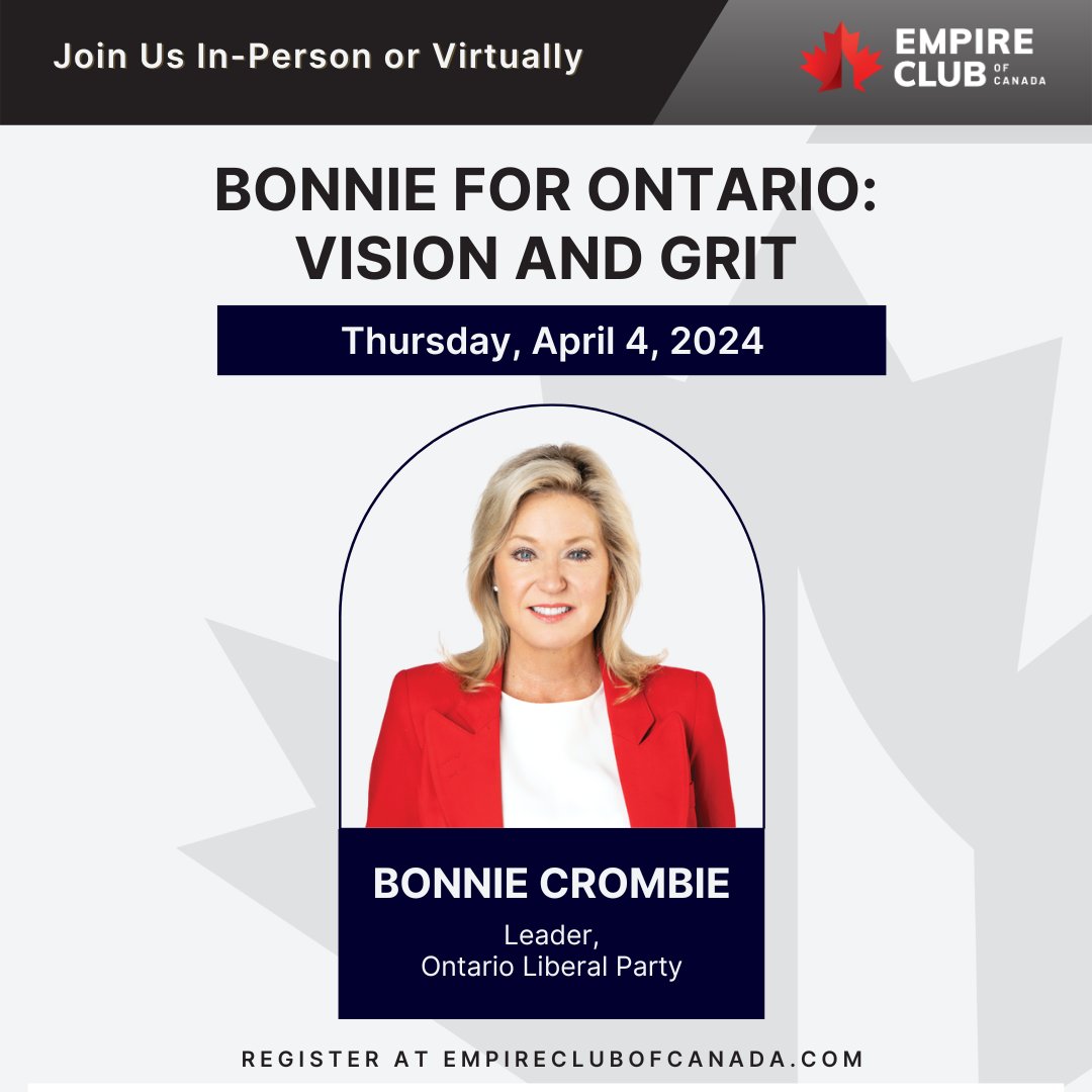 Empire_Club's tweet image. NEW EVENT | Join us on April 4, 2024, with special guest Bonnie Crombie, leader of Ontario’s Liberals. Explore bold visions for Ontario's future and the tenacity needed for change. Reserve your tickets now for this inspiring conversation!

hubs.ly/Q02p6StQ0

#BonnieCrombie