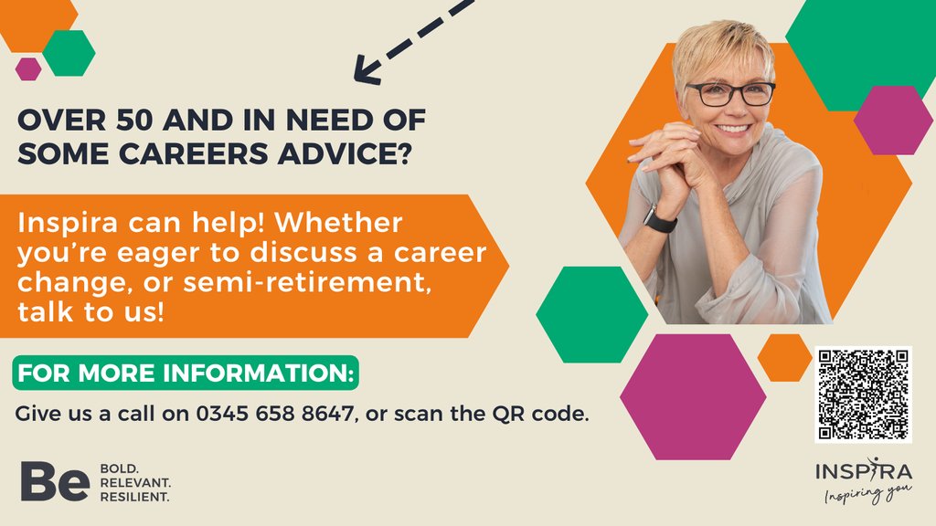 If you're over 50 and seeking valuable careers advice, look no further; Inspira is here to guide you towards fulfilling opportunities! Give us a call on 0345 658 8647⁠ or simply scan the QR code to find out more about how we can help. #EmpoweringPotential #CareersAdvice