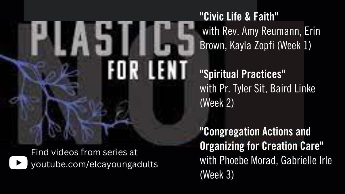 Videos in the @ELCAYoungAdults #NoPlasticsforLent series are available! Check out 'Civic Life & Faith' and 'Congregation Actions and Organizing for Creation Care' plus other titles inspiring @LutheransRC from youtube.com/elcayoungadults. New posts weekly through Lent.