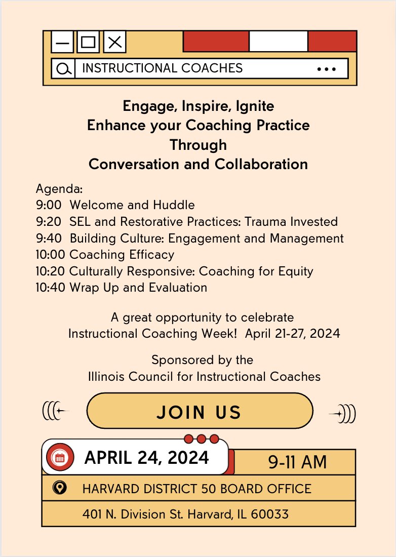 HarvardD50's tweet photo. #HarvardRising Instructional Coaches are hosting an @IllinoisCIC Round Table! Join us Wed Apr 24th, to enhance your coaching practice through conversation and collaboration. Together, let’s ENGAGE, IGNITE, and INSPIRE our school communities! RSVP:https://t.co/xda9UTdTPW #ICIC2024 https://t.co/eLPzZrgvZZ