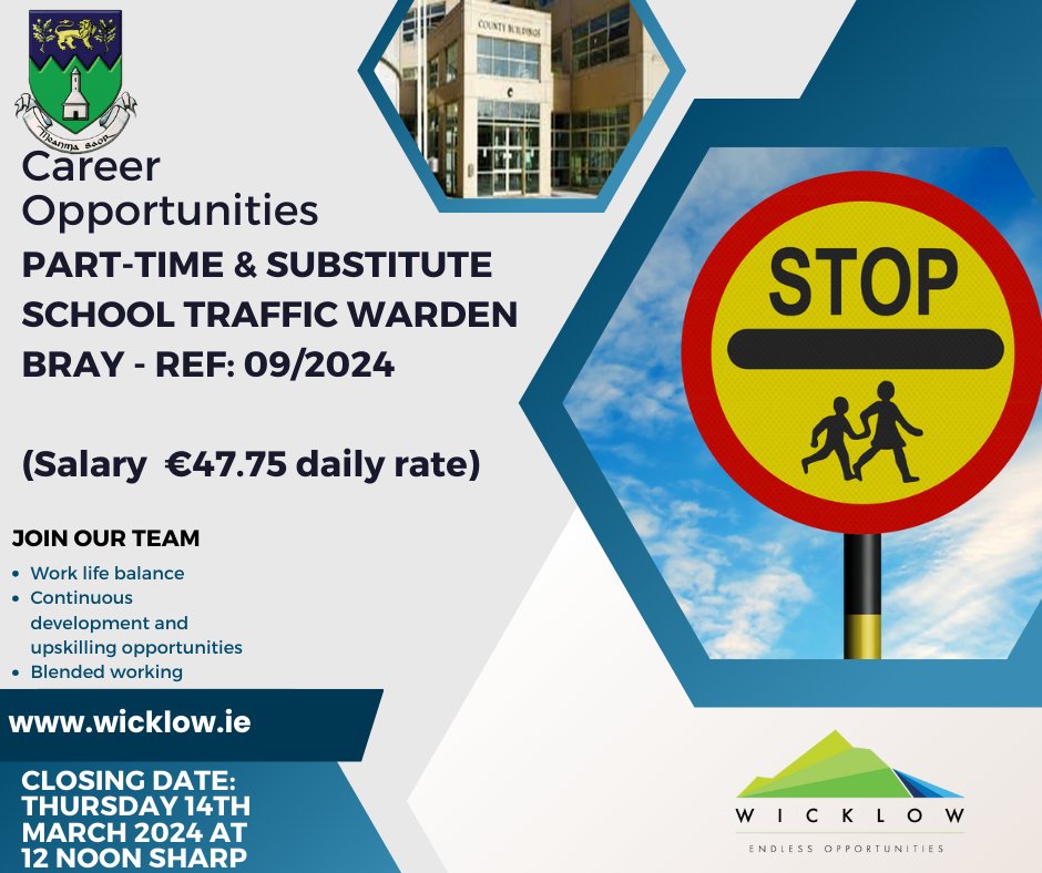 wicklowcoco's tweet photo. Applications are invited for the post of Part-time School Wardens & Substitute School Wardens - Bray - Ref: 09/2024
#jobfairy #localgovire #publicappointmentservice #public jobs
https://t.co/x1FBjRGN3v https://t.co/PnuWPZGpDd