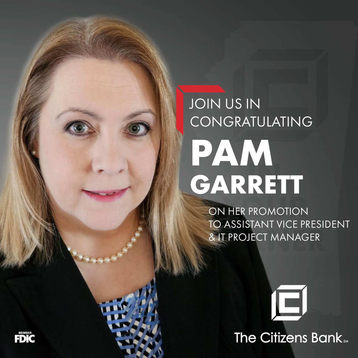 The Citizens Bank is pleased to announce that Pam Garrett has been promoted!

Pam Garrett, AVP/IT Project Manager at our TCB Philadelphia Data Center.

Join us in congratulating and wishing her success in her new role! 🥳

#TCB #TheCitizensBank #InYourCorner #Promotion #Congrats