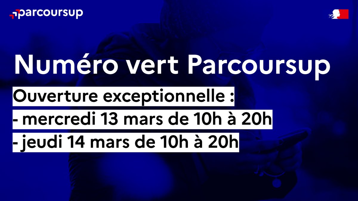 Onisep (@onisep) on Twitter photo ⏳ Fin de formulation des vœux #Parcoursup le 14 mars -23h59, heure Paris.
📅 Mercredi 13 & jeudi 14 mars 🕙 10h - 20h
📞 Le n° vert Parcoursup 0 800 400 070 répondra aux questions des candidats et les accompagnera 👉 ow.ly/qaTN50QKJQH
#orientation #postbac <a href="/parcoursup_info/">Parcoursup</a> ⏳ Fin de formulation des vœux #Parcoursup le 14 mars -23h59, heure Paris.
📅 Mercredi 13 & jeudi 14 mars 🕙 10h - 20h
📞 Le n° vert Parcoursup 0 800 400 070 répondra aux questions des candidats et les accompagnera 👉 ow.ly/qaTN50QKJQH
#orientation #postbac <a href="/parcoursup_info/">Parcoursup</a>