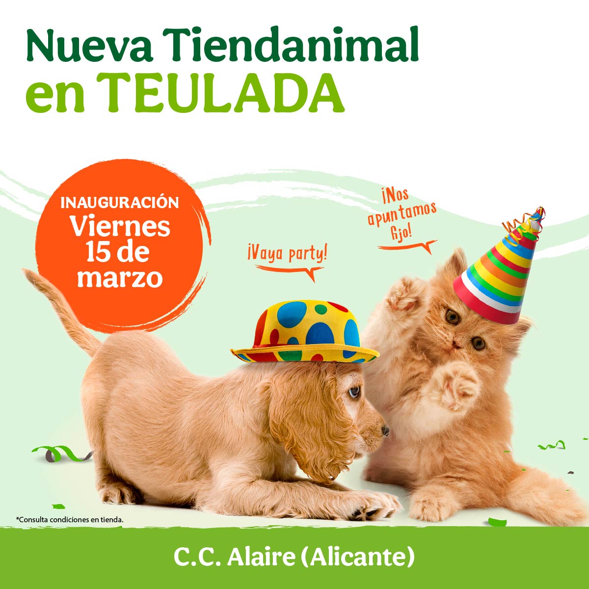 ¡NUEVA TIENDA EN TEULADA!💚 ¡El 15/03 abrimos nueva Tienda en Alicante! Nuestro equipo está deseando mostraros este nuevo espacio, donde os brindarán la mejor atención a ti y a tu peludo.🐾

¡Y con fiesta de inauguración incluida! 🥳 ¿Vienes a celebrarlo con nosotros?
