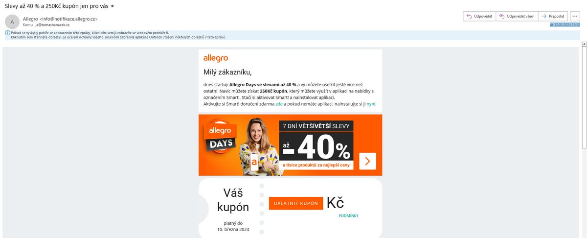 V Allegro jsou frajeři - 12.3. mi posílají kupón platný do 10.3. ;)