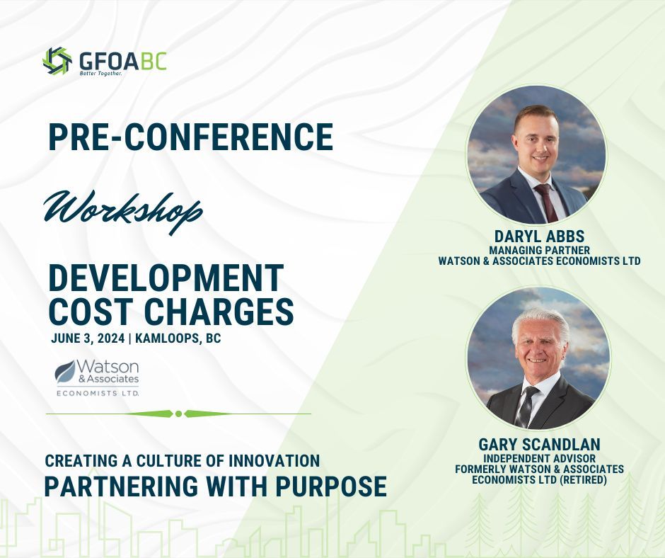 GFOABC (@gfoabc) on Twitter photo The Province has released updates to the DCC framework. Daryl Abbs from <a href="/WatsonEcon/">Watson & Associates Economists Ltd.</a> and Gary Scandlan, Independent Policy Advisor will lead a pre-conference session on updates to the DCC framework. Register here: buff.ly/3TglpWi
#GFOABC #GFOABC2024 #GFOABCBETTERTOGETHER The Province has released updates to the DCC framework. Daryl Abbs from <a href="/WatsonEcon/">Watson & Associates Economists Ltd.</a> and Gary Scandlan, Independent Policy Advisor will lead a pre-conference session on updates to the DCC framework. Register here: buff.ly/3TglpWi
#GFOABC #GFOABC2024 #GFOABCBETTERTOGETHER