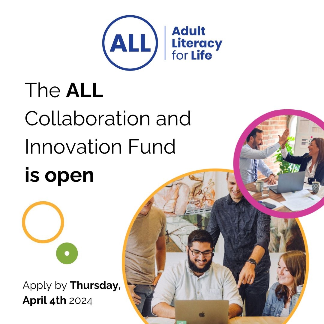 #Literacy advocates! 📢 Do you have a crosscommunity project that can reach adults with unmet literacy, numeracy and digital literacy needs? Apply to the #AdultLiteracyForLife Collaboration & Innovation Fund today. adultliteracyforlife.ie/fund/ Apply by Thu 4 April 2024. @SOLASFET