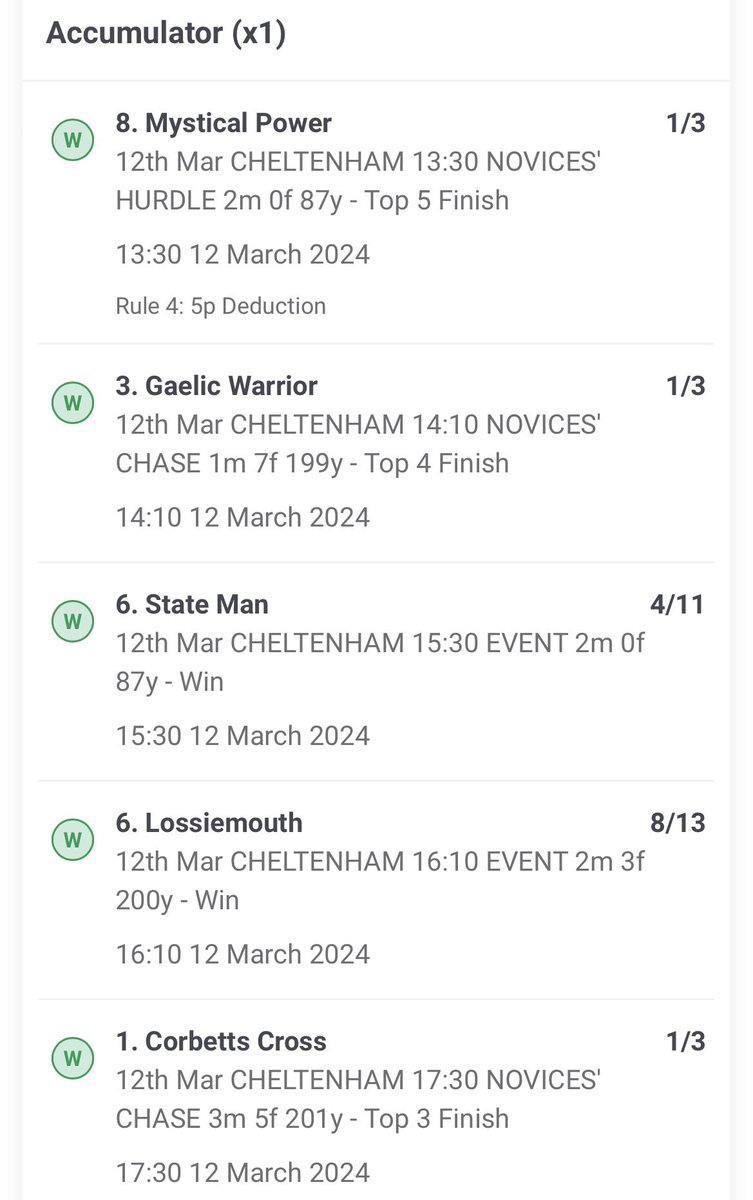 CHELTENHAM SOLID ACCA LANDS!!!!!!!!!!!!!!!!!!!!!!!!!!!!!!!!!!

£100 PAID £525 💰

✅Mystical Power To Place - TOP 5
✅Gaelic Warrior To Place - TOP 4
✅State Man 
✅Lossiemouth 
✅Corbetts Cross To Place - TOP 3

ALL ABSOLUTELY PISS IN 😎

EASY AS THAT 🤝

READY FOR TOMORROW?????