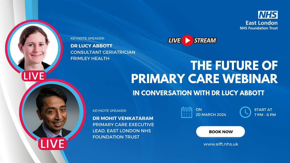 Join us on Mar 20, 7 PM for 'The Future of Primary Care with Dr. @geris_lucy! ELFT's Dr. @MohitVenkataram discusses innovative care models with #geriatrician expert Dr. Abbott. Don't miss this insightful session! #PrimaryCare #NHSWebinar @FrimleyHub @KirenCollison
