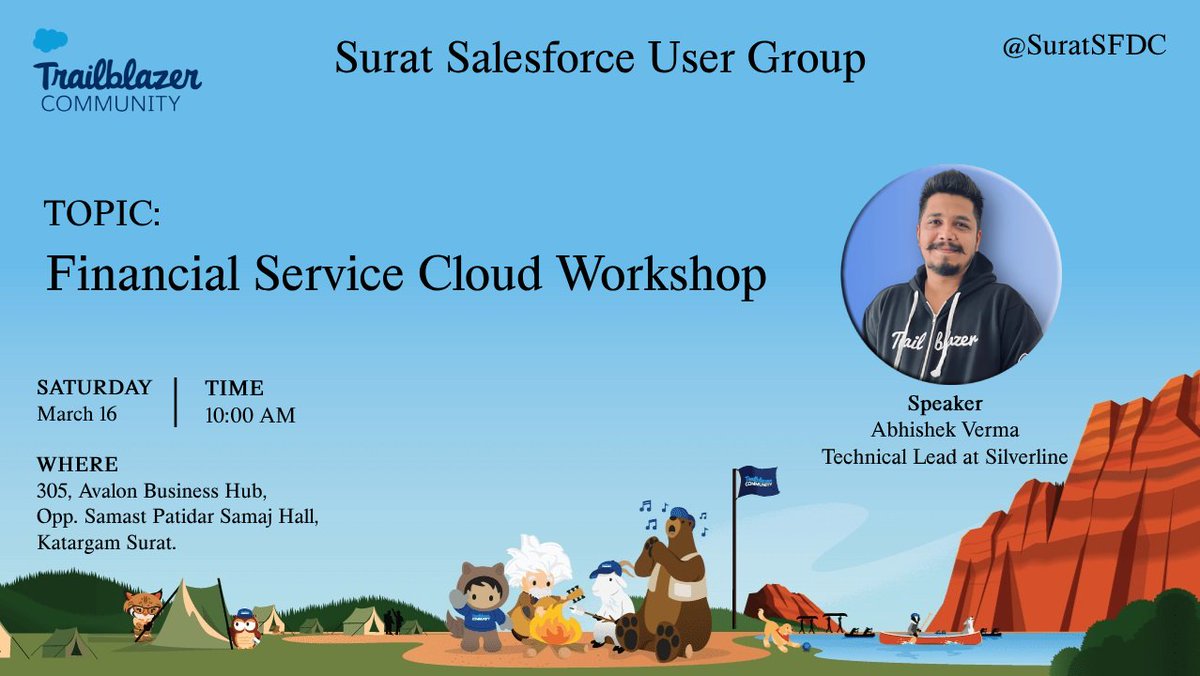 📢Exciting News!🌐Join us at the <a href="/SuratSFDC/">Salesforce User Group, Surat, India</a>
in-person event featuring a Financial Service Cloud Workshop. 🚀Dive into key insights, connect with peers, and boost your #Salesforce knowledge! Let's elevate our Salesforce journey together! #trailblazercommunity #Surat