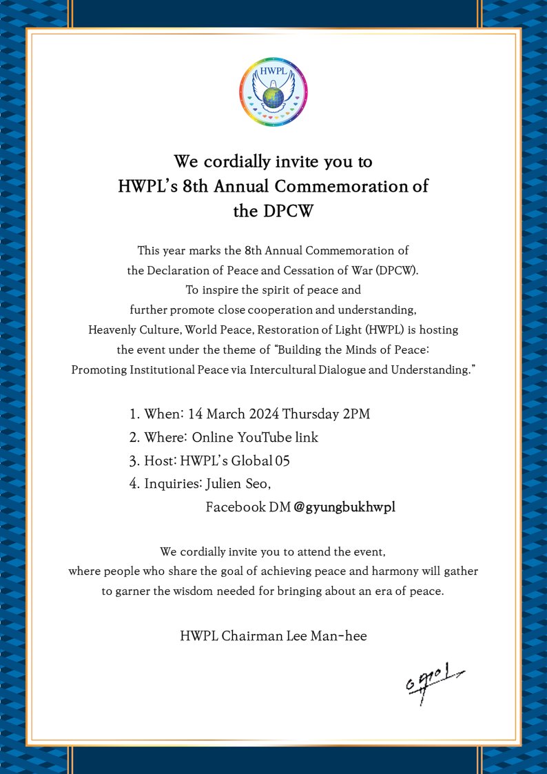 DgHwpl's tweet photo. 🌍✨ HWPL 8th Annual Commemoration of the DPCW Invitation ✨🕊
👇more👇
https://t.co/DXv6qJjzqk https://t.co/uwemLBzddE