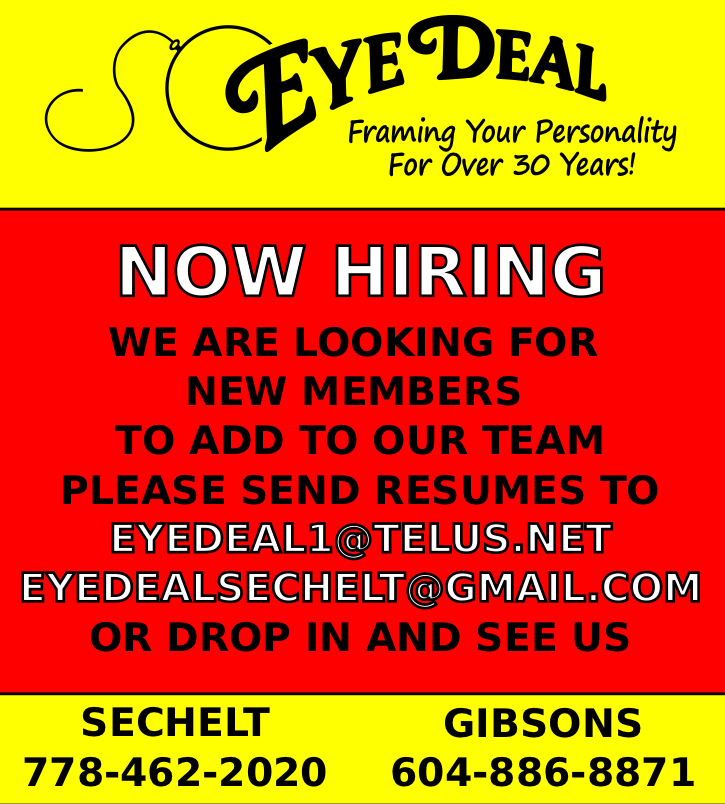 NOW Hiring 👓 Eye Deal Optical Sechelt and Gibsons on Sunshine Coast BC Canada 🇨🇦 Please email resumes, Or stop in and see us 👍 FOLLOW us on Facebook facebook.com/photo/?fbid=78…

#hiring #eyedeal #sechelt #gibsons #optical #optometry #helpwanted #opticalstore #KeepItCoastal