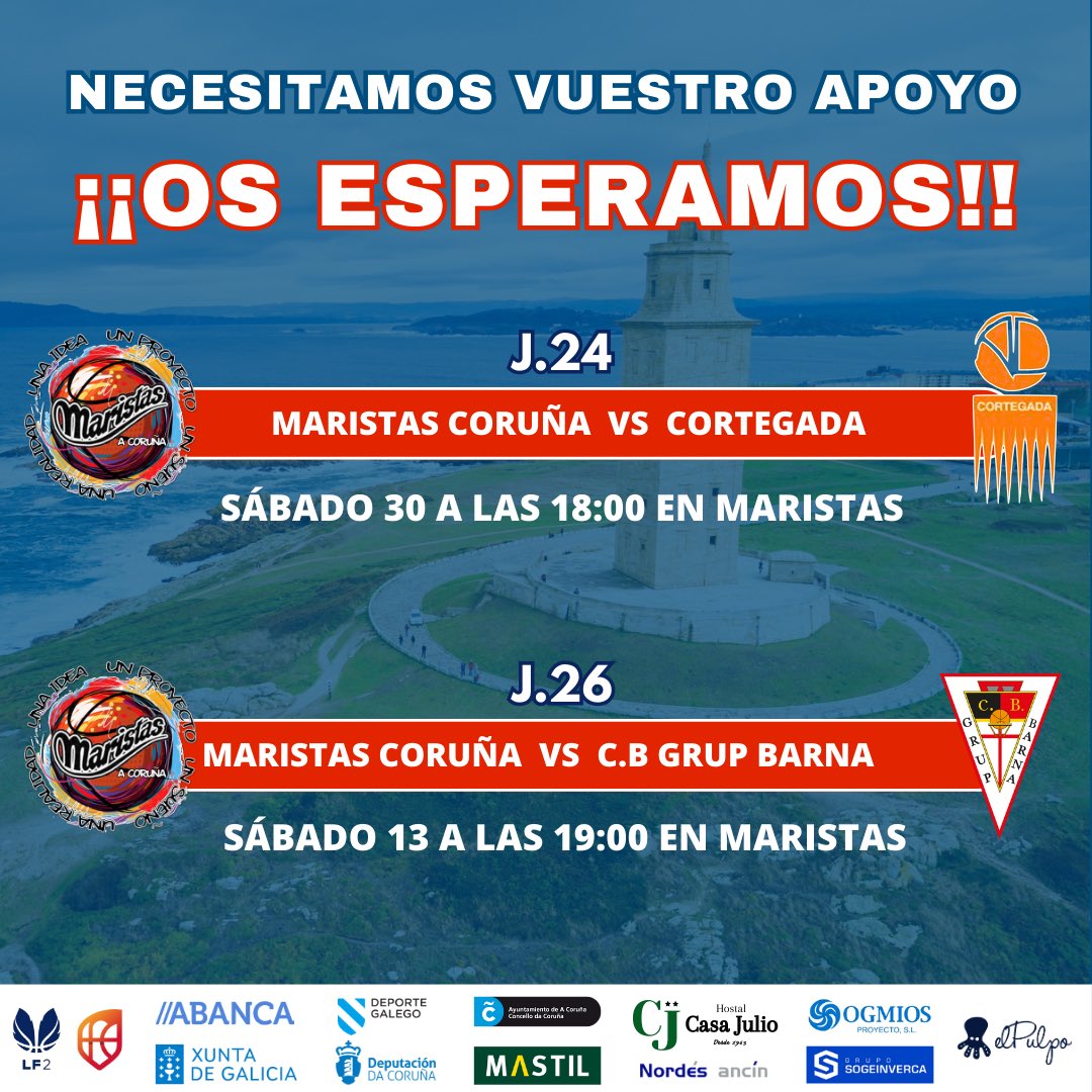 MaristasCoruna's tweet photo. JORNADA 22 LF2

🆚 B.F LEÓN
📆 Sábado 16
⏰ 18:00
📍 Polideportivo Maristas
📺 CanalFeb

Este sábado nuestras chicas juegan un partido muy importante, necesitamos el máximo apoyo posible, nuestra ilusión es conseguir un gran ambiente llenando las gradas del polideportivo. https://t.co/Iv7G4sc3q0