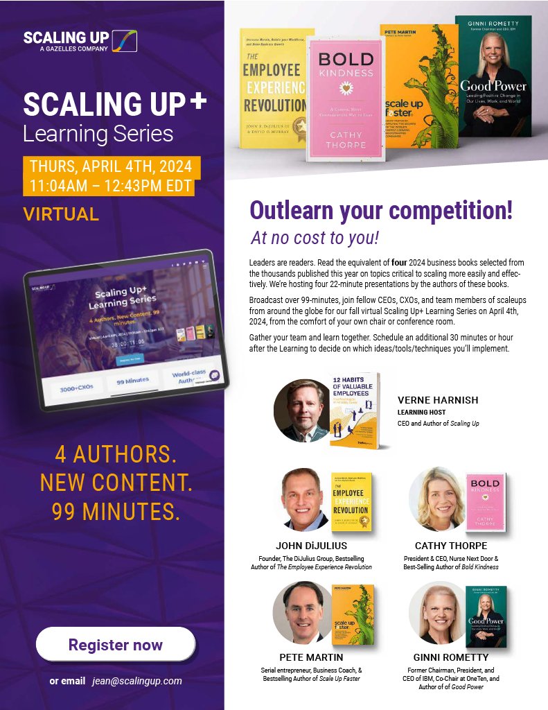 Verne Harnish (@agilescaleup) on Twitter photo Register hereโก๏ธ scalingup.com/learning-serieโฆ
<a href="/GinniRometty/">Ginni Rometty</a>
<a href="/cathythorpeNND/">Cathy Thorpe</a>
<a href="/JohnDiJulius/">John DiJulius | Best-Selling Author</a>
<a href="/VotemPete/">Pete Martin</a> Register hereโก๏ธ scalingup.com/learning-serieโฆ
<a href="/GinniRometty/">Ginni Rometty</a>
<a href="/cathythorpeNND/">Cathy Thorpe</a>
<a href="/JohnDiJulius/">John DiJulius | Best-Selling Author</a>
<a href="/VotemPete/">Pete Martin</a>