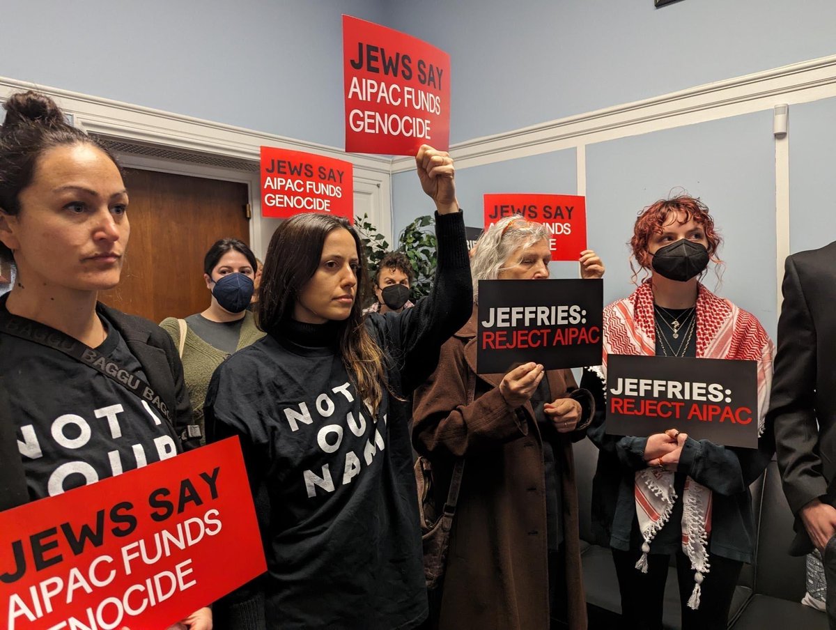 JvpAction's tweet photo. BREAKING: As AIPAC lobbyists take to Capitol Hill to tell Congress to support Israel’s genocide of Palestinians, JVP Action members occupied the office of Rep Hakeem Jeffries, once of the largest recipients of AIPAC funding, telling him to #RejectAIPAC https://t.co/NCTKHXuhTp