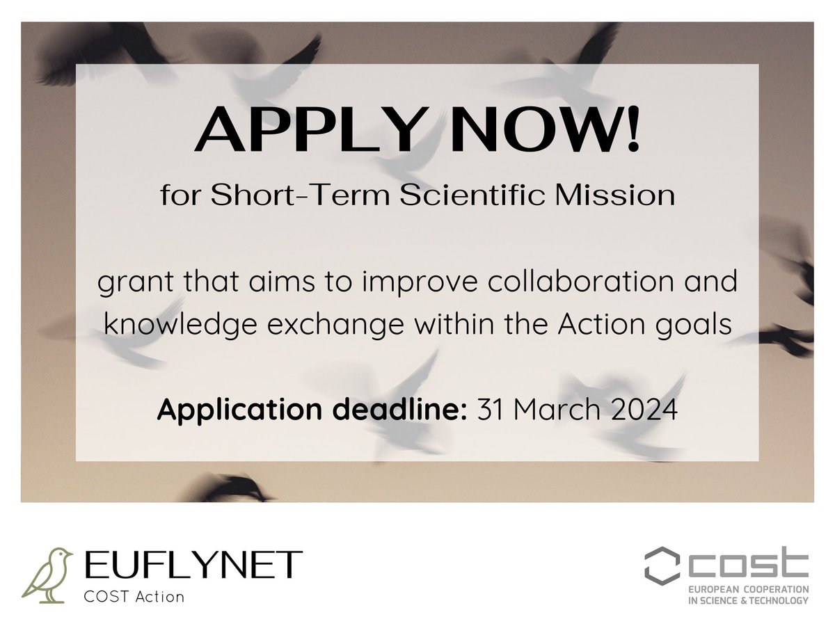 🌟 Calling all bird enthusiasts and researchers! 🐦 Don't miss your chance to apply for the Short-Term Scientific Mission (STSM) grant with EUFLYNET. 🌍✨ Details: cost.eu/uploads/2024/0… #EUFLYNET #BirdConservation #BirdMigration #MigratoryBirds🦜