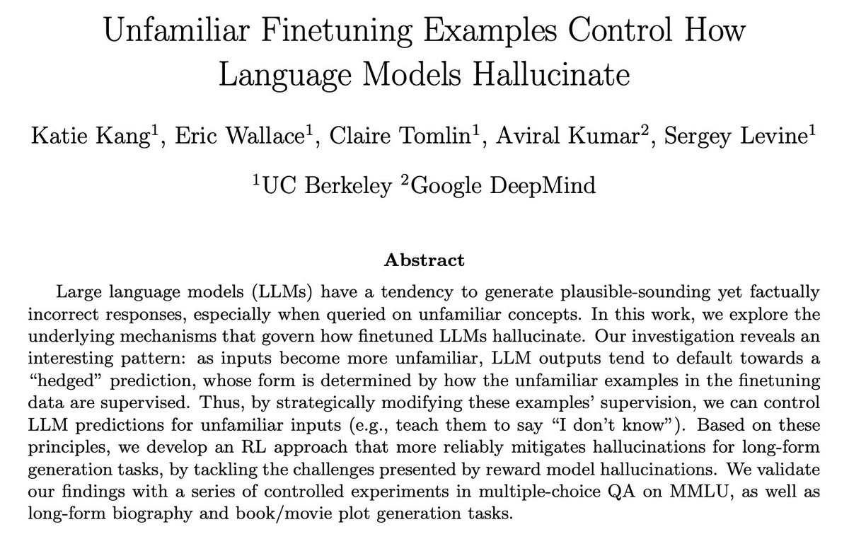 We know LLMs hallucinate, but what governs what they dream up? Turns out it’s all about the “unfamiliar” examples they see during finetuning Our new paper shows that manipulating the supervision on these special examples can steer how LLMs hallucinate arxiv.org/abs/2403.05612 🧵