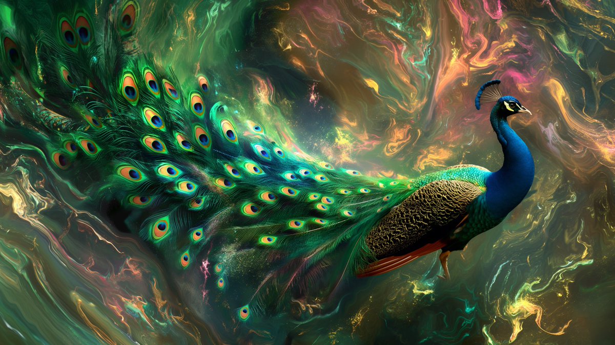 here's my attempt😍

The [peacock] in 'Plasmatic Prism', merging with the [Aurora green] energetic, dynamic, and [Rose gold] vibrant plasma, creating a mesmerizing, otherworldly display of colors. --ar 16:9