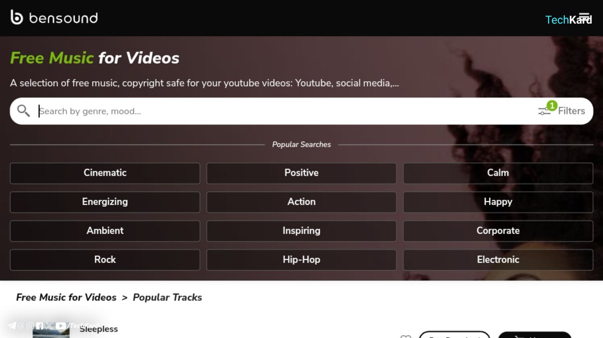 TechKard's tweet photo. 3. Bensound (https://t.co/gkBm4XZohC)
#Bensound offers a variety of copyright-safe music tracks, filterable by genre, mood, & instrument.
Free users can access over 80 tracks, ideal for social media videos, w/ proper attribution required. https://t.co/bLATPGq97v