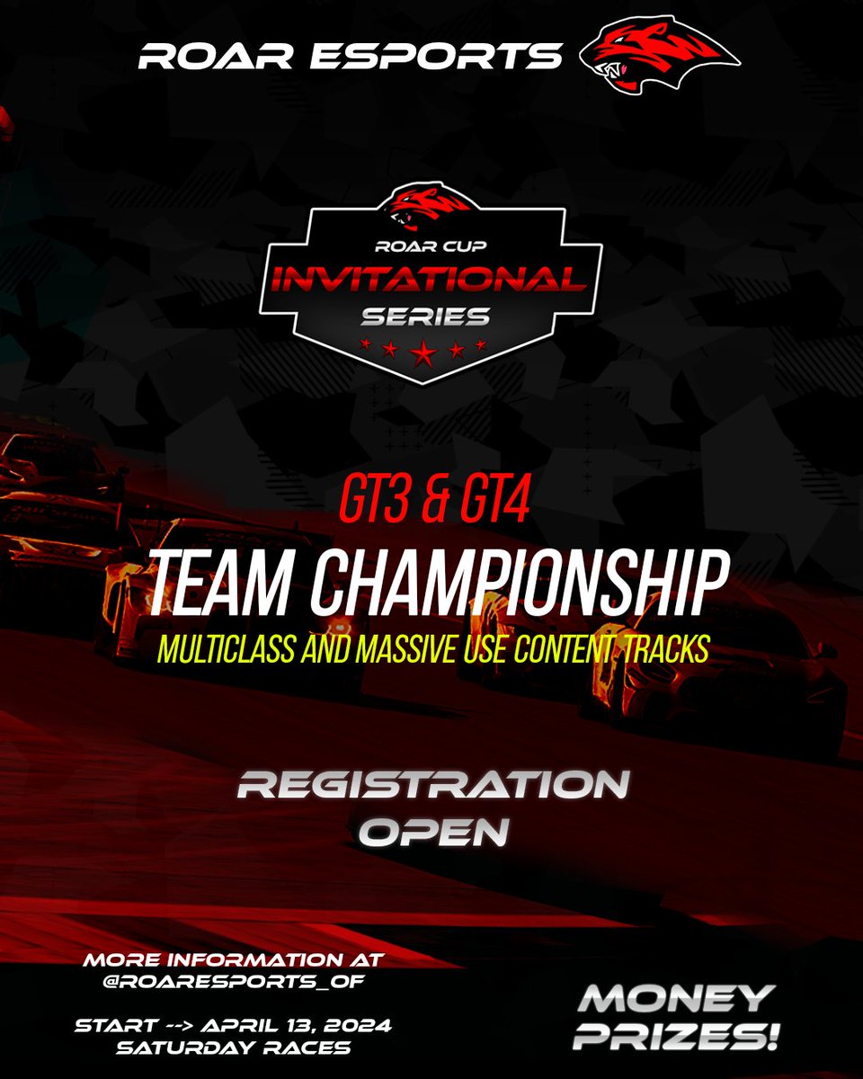 #ROARCUP 🔥 INVITATIONAL SERIES

📅 Get your team ready for 7 thrilling races at some of the most challenging circuits in the world.

💰 CASH PRIZES await! Top teams share an estimated $400 prize.

✅ Registration form: forms.gle/3NpC4zYPjs2TUf…

#ROARCUP #iRacing