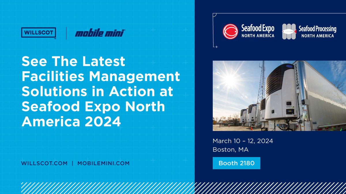 AMCStorage's tweet photo. Join us for the last day of @SeafoodExpo_NA! Drop by the @willscot @mobilemini booth 2180 to see cold storage solutions in action, discuss your seafood storage and processing challenges and more: https://t.co/UOrrxdCz0T. #SENA24 #ColdStorage  #trailers #reefer #storage  #seafood https://t.co/3Bj0smZqax
