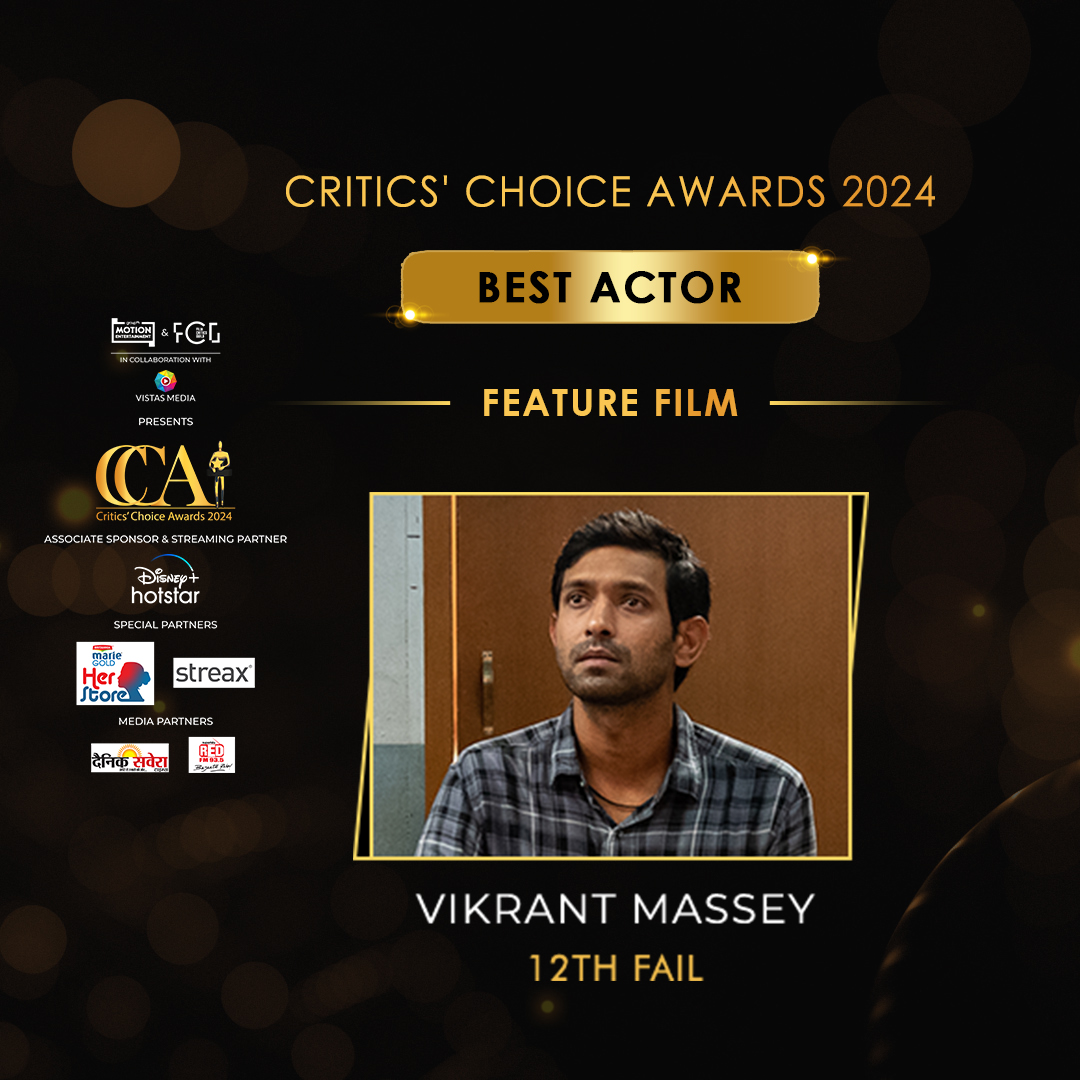 CriticsChoiceIn's tweet image. A big night for Vikrant Massey as he wins the Best Actor award at the #CriticsChoiceAwards 2024 for his incredible performance in the feature film 12th Fail!
@VikrantMassey
@BritanniaIndLtd
@theFCGofficial
@groupm_motion
@VMC_sg
@DisneyPlusHS