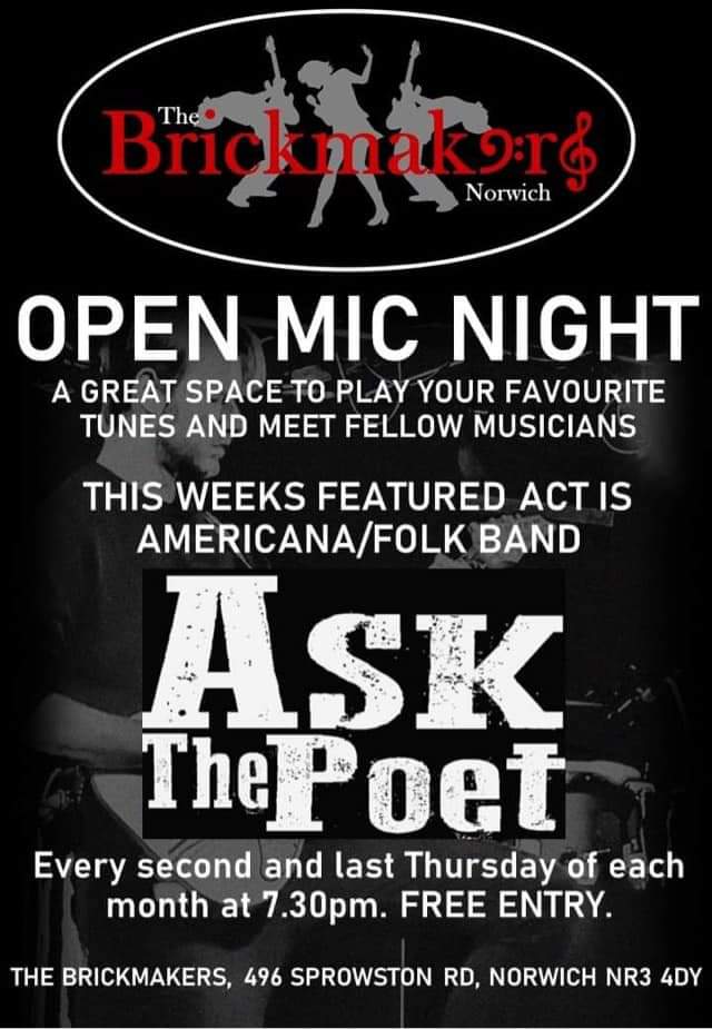 Free Midweek entertainment at the Brickmakers....
Wednesday Black Dog Music Project 
Thursday Open Mic  7.30pm 
#livemusic #norwichmusiccityuk #nr3 #norwich #whatsonnorwich #nr6 #brickmakers #cityofale #norwichevents #openmic
@CityOfAle @EDP24 @EveningNews @VisitNorwich