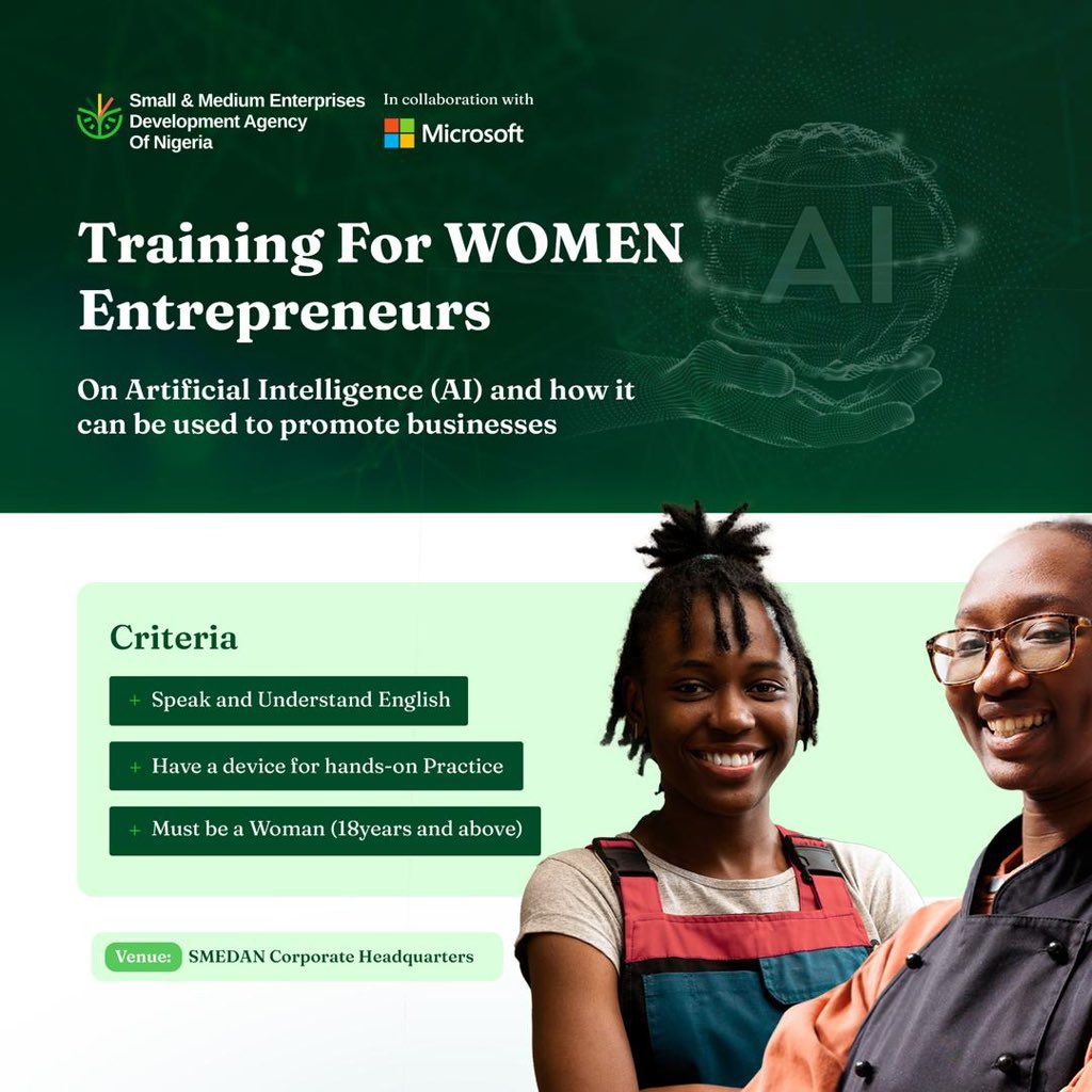 We are partnering with @MicrosoftNG to offer certified training to women entrepreneurs on Artificial Intelligence and its applications in business promotion! First phase for women entrepreneurs residing in Abuja. Interested? Please fill this form: docs.google.com/forms/d/e/1FAI…