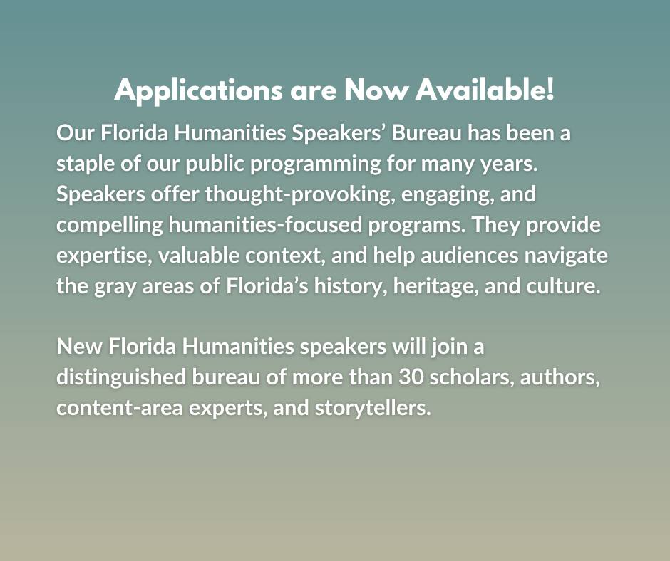 FlHumanities's tweet photo. Are you someone passionate about #Florida #history and #cultures? Would you enjoy traveling the state presenting thought-provoking topics? Then you should apply to become a Florida Humanities Speaker!
Learn how: https://t.co/ZLXoUkyFek
#FLHumanities #FloridaTalks https://t.co/RodZ7Yw8BO