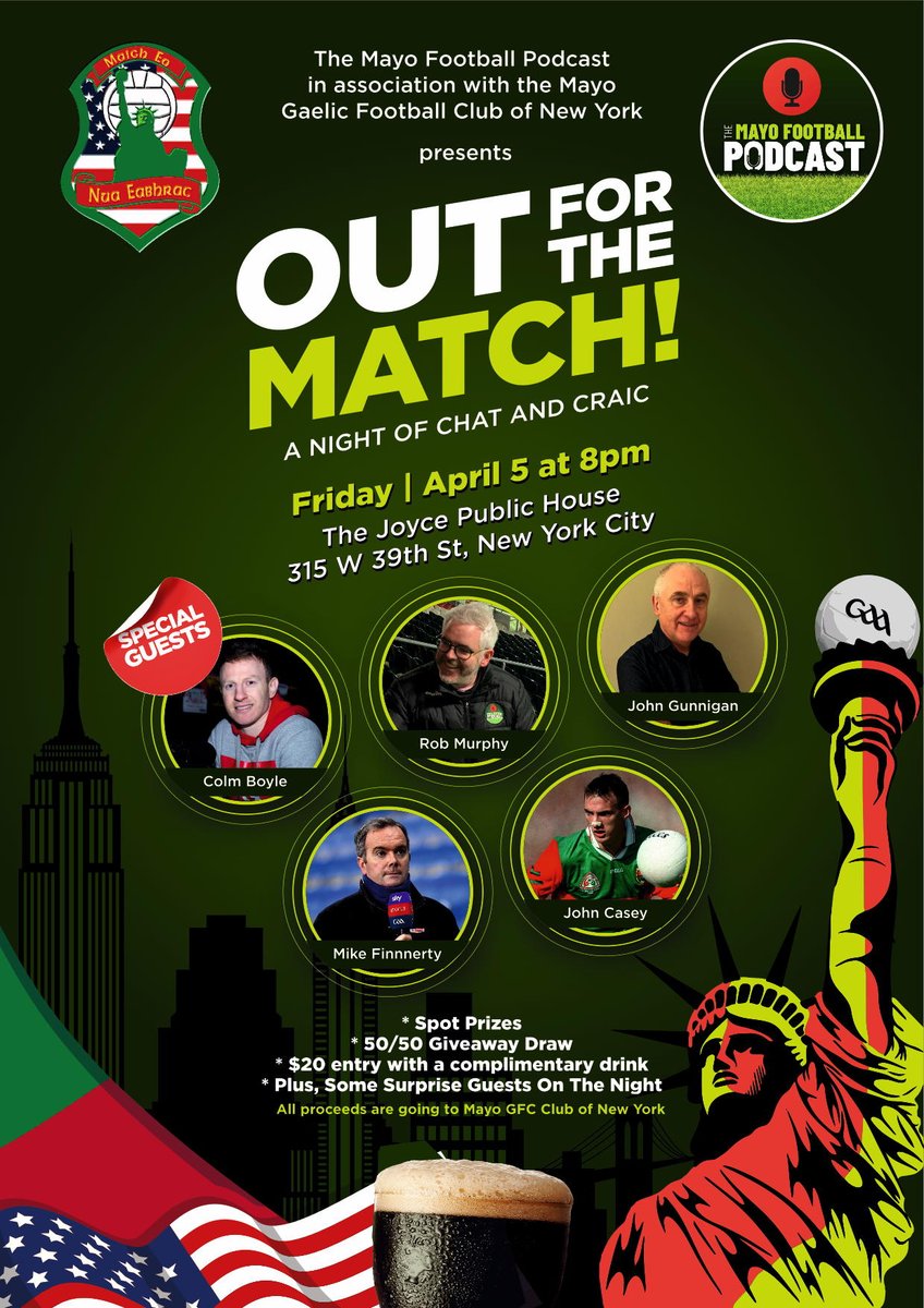 🚨 We're going to New York! See ye all in The Joyce on Friday, April 5! Delighted to have Colm Boyle and John Casey joining us and to be joining forces with the Mayo GFC in New York! More details to come on the pod in the coming weeks. patreon.com/mayopodcast #mayogaa #GAA