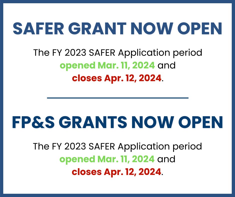 🚨SAFER and FP&S Grants are now #OPEN! 🚨If your department or organization has ever applied for the grants, please know that YOUR VOICE IS NEEDED to #SaveAFGandSAFER. Act now! 🔥 Save AFG and SAFER: bit.ly/AFG-SAFER-USFA 🔥 Apply for a grant: bit.ly/FEMAGrants