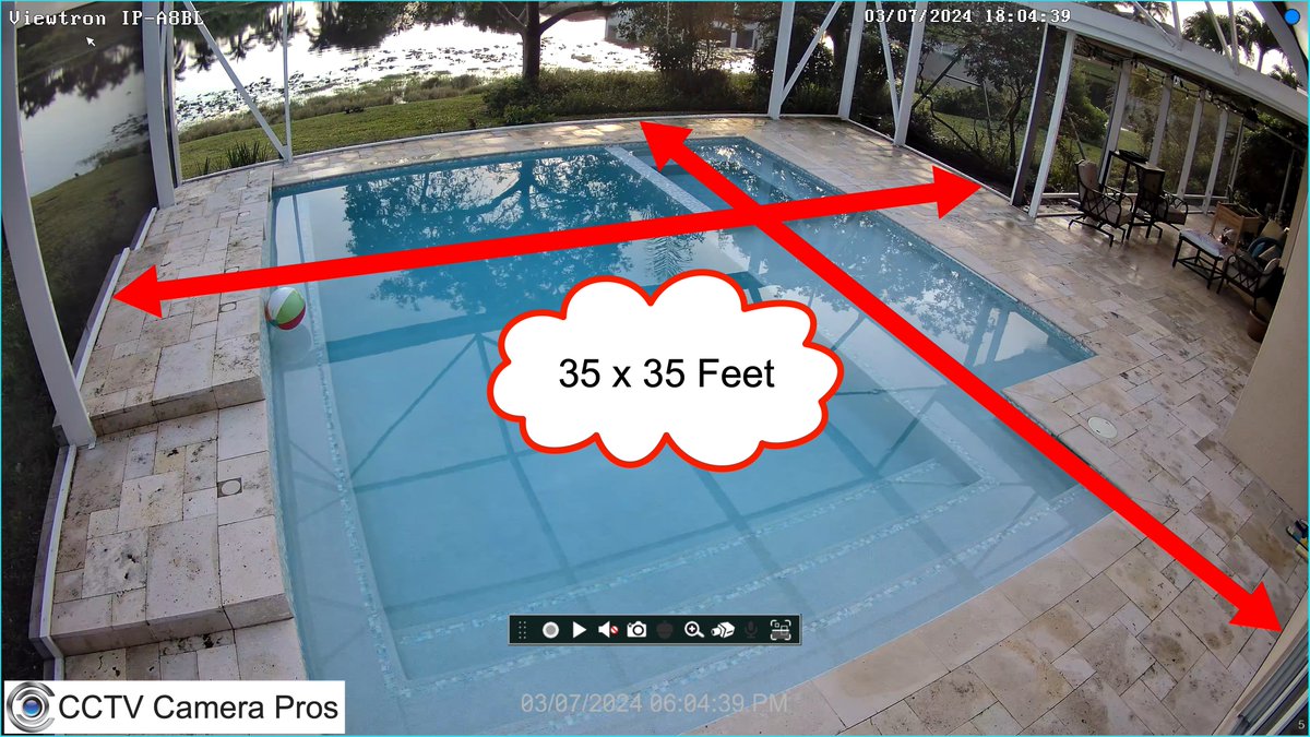 The 2.8mm lens on our Viewtron IP-A8BL 4K security camera provides a ultra wide angle of view. Check out how well it monitors this 35 x 35 foot area of screened patio. You can watch the video demo here: videos.cctvcamerapros.com/v/4k-ip-camera…