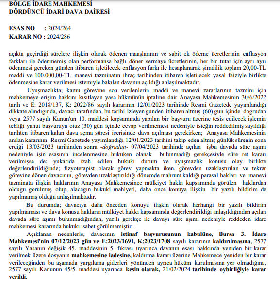 SametHukuk's tweet photo. BURSA BÖLGE İDARE MAHKEMESİ
4. İDARİ DAVA DAİRESİ 

ÖNEMLİ KARAR 

Ohal KHK'sı ile ihraç olanların maddi ve manevi tazminat davası açamayacaklarına dair hükmün Anayasa Mahkemesi taraf��ndan iptali, ilgililere YAZILI OLARAK bildirilmediğinden ve ilgililerin MÜLKİYET hakkı söz konusu olduğu için süresinden sonra açılan davanın süresinde açılmış olduğunun kabulüne karar verilmesi gerektiği belirtilmiştir.  

ESAS NO : 2024/264 
KARAR NO : 2024/286