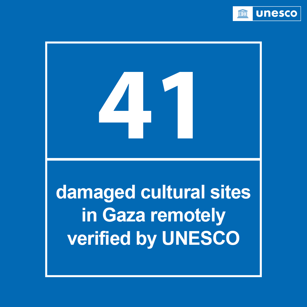 .@UNESCO has remotely verified damage to 41 cultural sites in #Gaza since 07-oct-23 based on @UNOSAT satellite data. Once again, we urge all actors to respect International Law: cultural property should not be targeted or used for military purposes. unesco.org/en/gaza/assess…