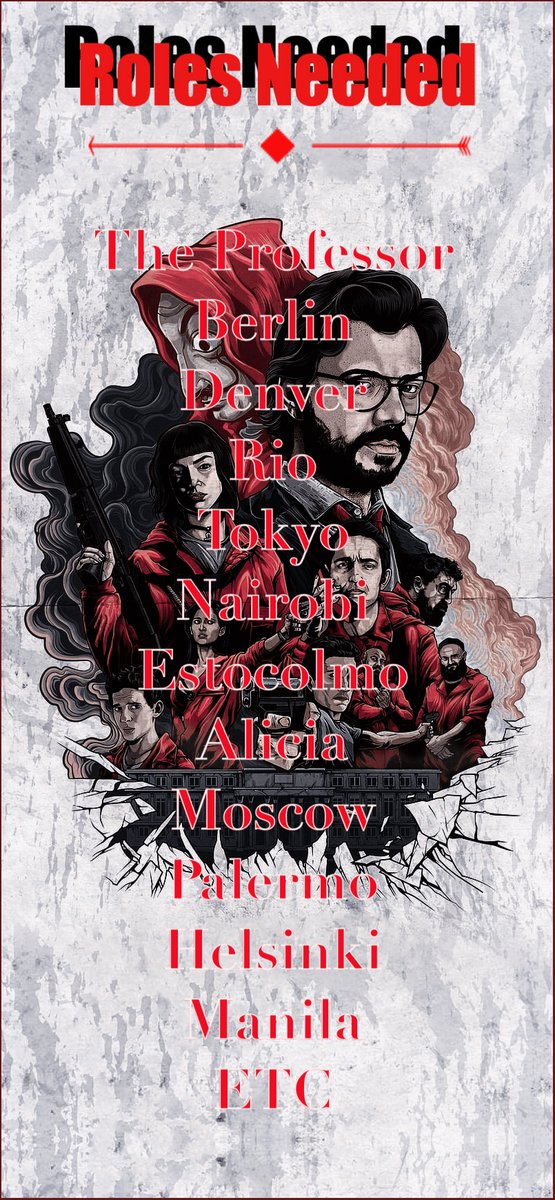 Looking for the follow and more characters can be both English and Spanish writers, let's revive the #MoneyHeist aka #LaCasadePapel rp fandom, if interested let me know, if possible RT to get to more people 💵💲