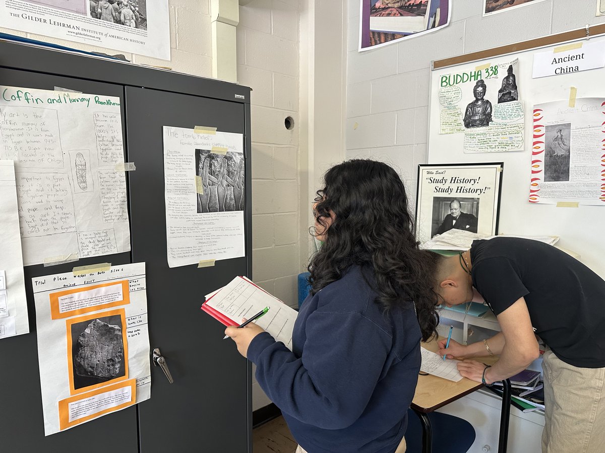 RickoverNavalHS's tweet photo. Our sophomores did a gallery walk in World Studies. They were asked to find a piece of art work from an ancient culture. Then, they researched the historical significance and created posters to share with the class. Great job cadets! #Rickover #worldstudies @ChiPubSchool https://t.co/G7ZqrdNVFh