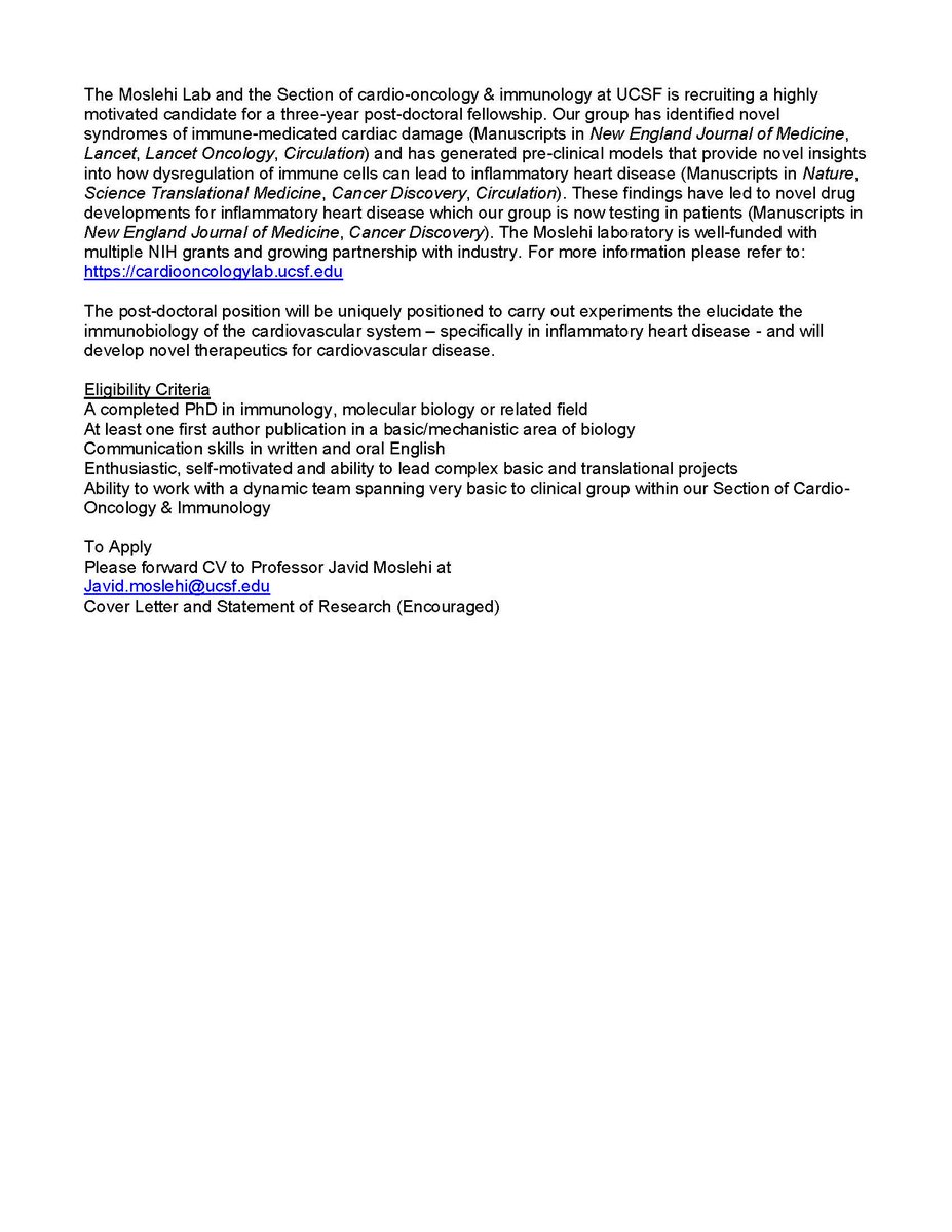 The Moslehi Lab and Section of #CardioOnc & Immunology is recruiting post-doctoral candidates interested in studying the immune basis for inflammatory cardiac diseases. Email me if interested: javid.moslehi@ucsf.edu @UCSFCardiology @UCSFCancer