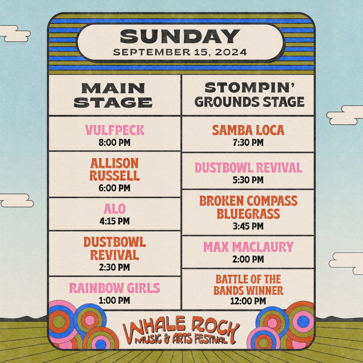 Catch us on the mainstage at 4:15pm on Sunday, Sept. 15th at this year’s #WhaleRockMusicFestival 🐳🎸🎶 We’ll be sharing the stage with a stellar lineup of talent so be sure to secure your spot today! Single day + festival 🎟s here: alo.ffm.to/whalerock