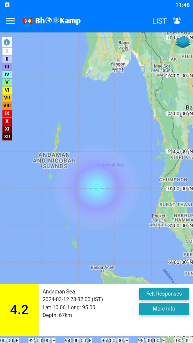 Earthquake of Magnitude:4.2, Occurred on 12-03-2024, 23:32:00 IST, Lat: 10.06 & Long: 95.00, Depth: 67 Km ,Location: Andaman,Sea India for more information Download the BhooKamp App riseq.seismo.gov.in/riseq/Interact… @ndmaindia @Indiametdept @Dr_Mishra1966 @KirenRijiju @Ravi_MoES