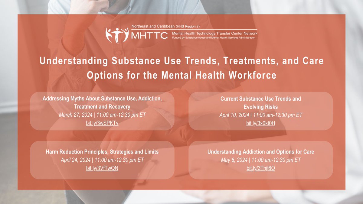 New webinar series! 

Understanding Substance Use Trends, Treatments, and Care Options for the Mental Health Workforce
🗓️ March 27, April 10, April 24, May 8
⏰ 11:00 am - 12:30 pm ET

More info and registration ➡️ buff.ly/48Uhcxn