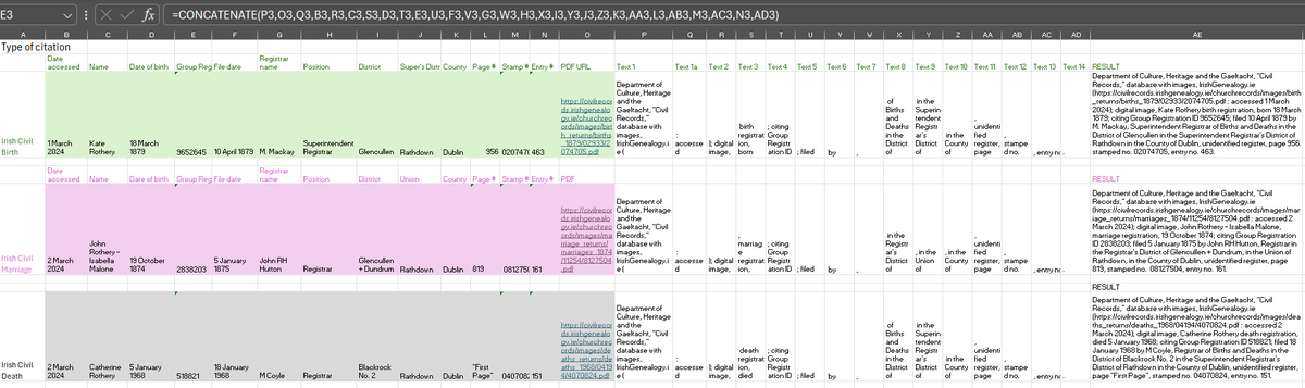 Geeky me has created a citation builder in Excel for Irish Civil Records. Type the specific record data in the coloured cells. The Result cell formula concatenates them and the "stock text" in right order. Copy and paste into report. Oh yeah! #AncestryHour #Genealogy