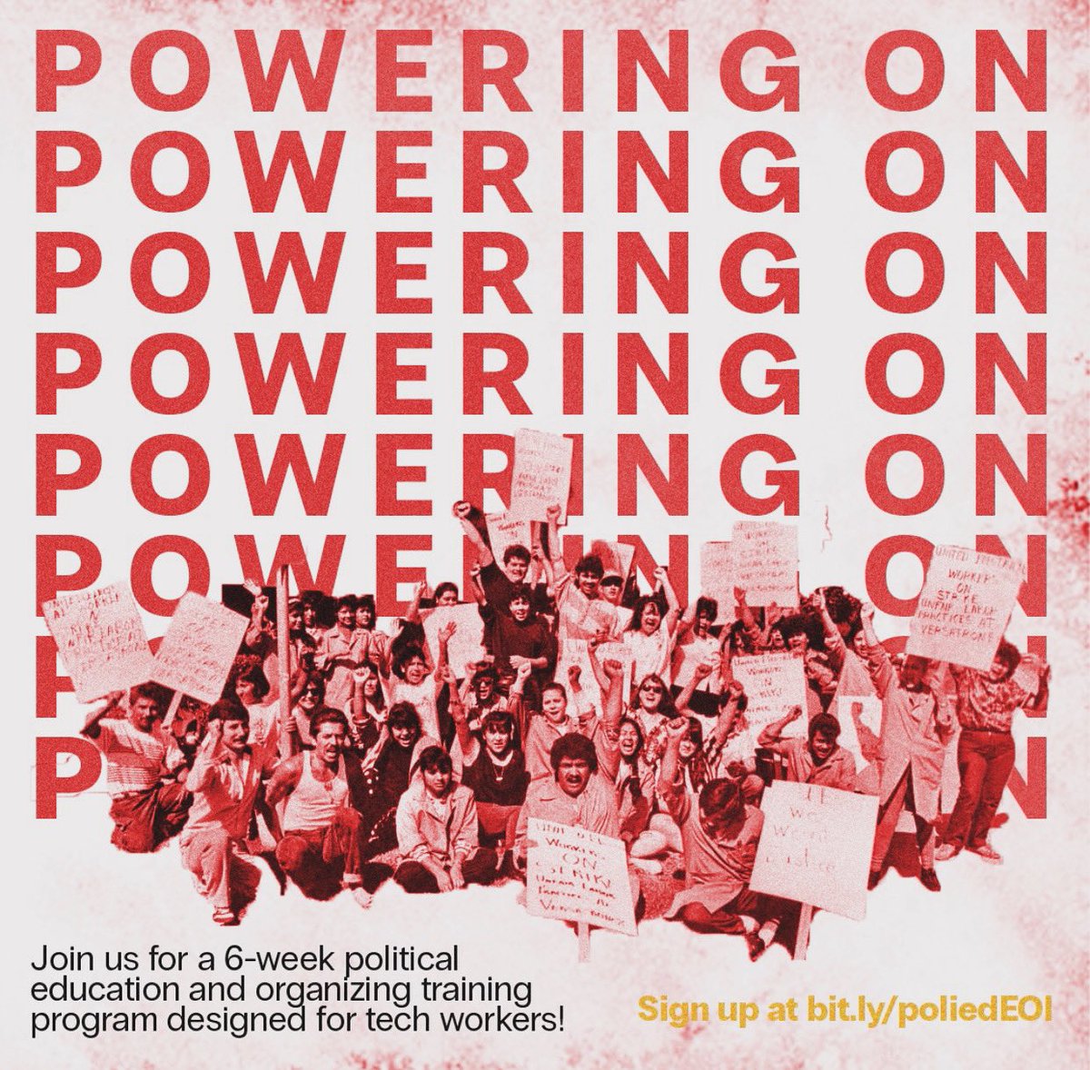 Tech workers, join us for a 6-week political education and organizing program! 

Sign-up: bit.ly/poliedEOI

Starting Apr 2, every Tuesday at 5pm pt / 8pm pt
