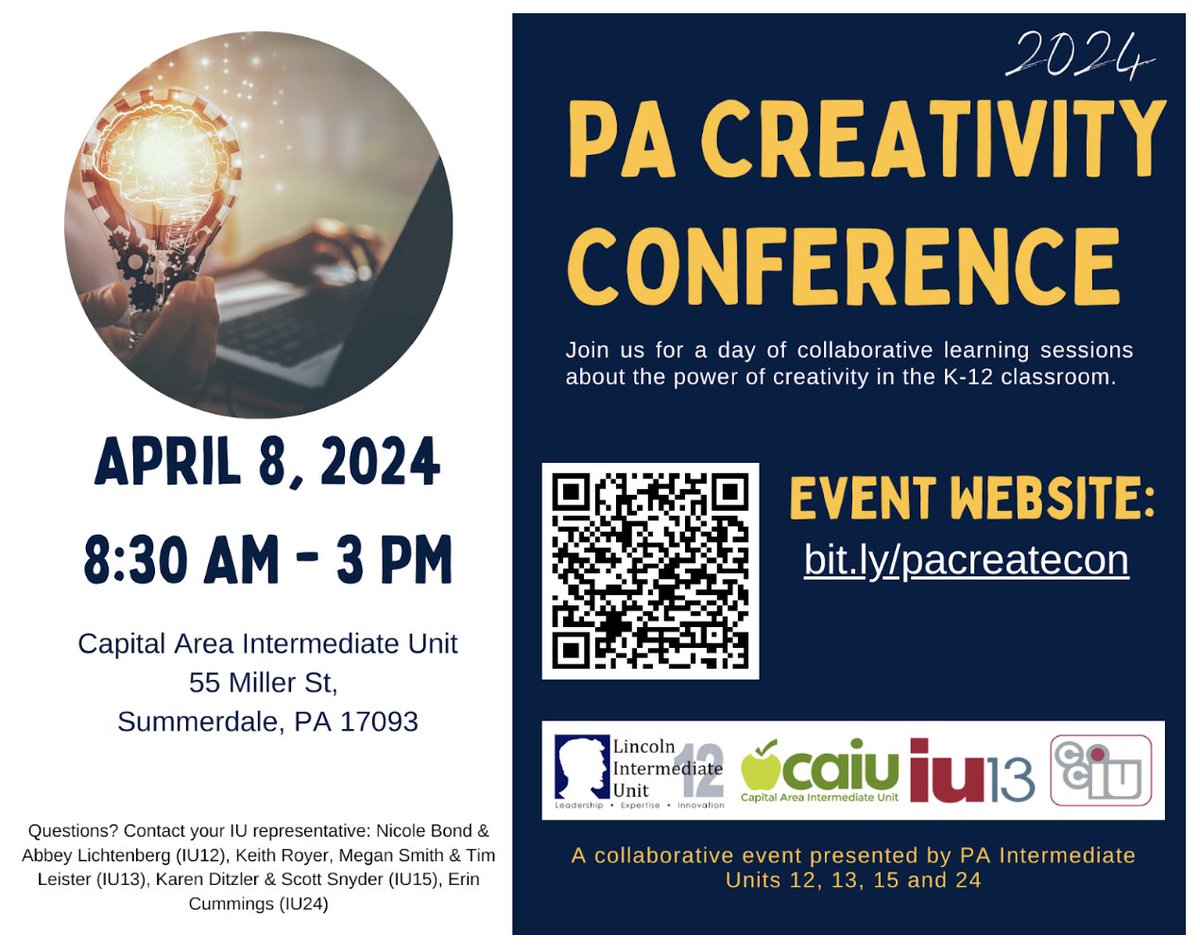IU13EdTech's tweet image. Unleash Your imagination at the PA Creativity Conference on April 8th! 🌟 Join us for a dynamic journey into the world of creativity, where innovation knows no bounds.🚀Let&apos;s redefine what&apos;s possible, together! #PACreateCon bit.ly/pacreatecon