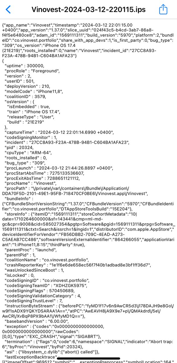 RandomiOSBugs's tweet image. .@anthony_j_zhang .@vinovest1 The Vinovest app (version 1.37.0) continually crashes for me. This happens with a brand new account that selects "Transactions" in the Wine section.
Here's the bug:
randomipad.blogspot.com/2024/03/vinove…