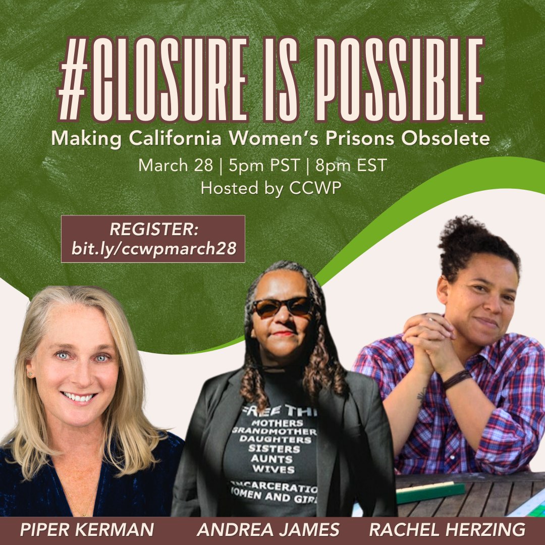 Have you registered? CCWP is hosting a vital virtual conversation on our campaign to shut down the state's two remaining women's prisons. March 28 @ 5pm PST: #ClosureIsPossible - Making California Women's Prisons Obsolete. Don't miss it: bit.ly/ccwpmarch28