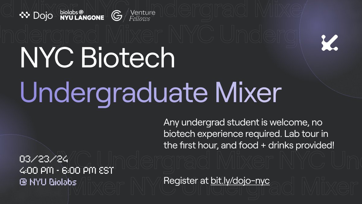 NucleateDojo's tweet photo. Calling all undergrads in NYC interested in biotech/life sciences innovation! Come join us @BioLabsNY on Sat, March 23 from 4-6PM ET to mix, mingle, and make new friends! 

An exclusive tour of the biolabs + food/drink included :)

👉 Register here: https://t.co/UZGHJxe8lr https://t.co/62B0wlgm52
