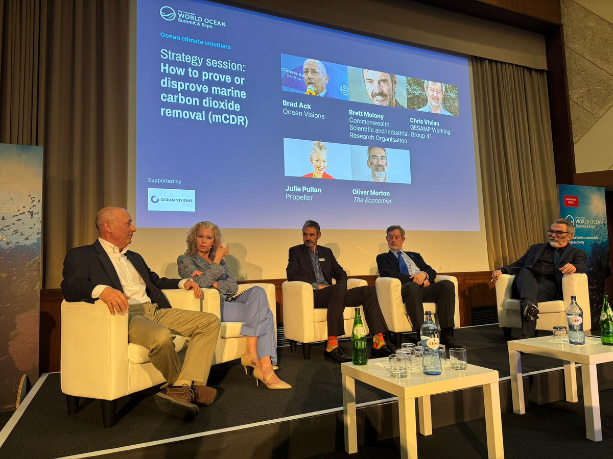 Today at the 11th Annual World #OceanSummit, Ocean Visions CEO @bradack1 and fellow panelists @DrOceanJulie, Brett Molony, & Chris Vivian unpacked challenges related to evaluating the potential of marine #carbonremoval in pursuit of a safe climate and sustainble #blueeconomy.